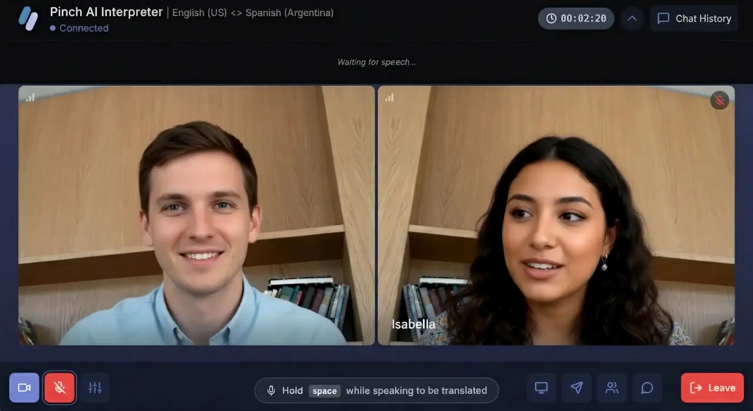 Pinch Meeting platform interface showing video conferencing with real-time translation